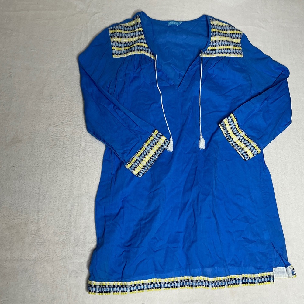 J McLaughlin Blue Embroidered Tassel V Neck Tunic Top Women Size Medium